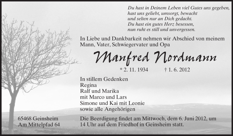  Traueranzeige für Manfred Nordmann vom 04.06.2012 aus Rüsselsheimer Echo, Groß-Gerauer-Echo, Ried Echo