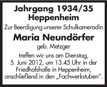 Traueranzeige von Maria Neundörfer von Starkenburger Echo