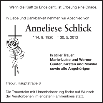 Traueranzeige von Anneliese Schlick von Rüsselsheimer Echo, Groß-Gerauer-Echo, Ried Echo