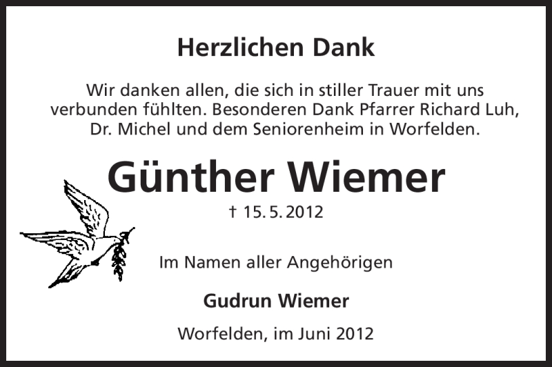  Traueranzeige für Günther Wiemer vom 13.06.2012 aus Rüsselsheimer Echo, Groß-Gerauer-Echo, Ried Echo