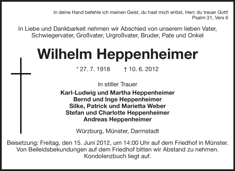  Traueranzeige für Wilhelm Heppenheimer vom 13.06.2012 aus Echo-Zeitungen (Gesamtausgabe)