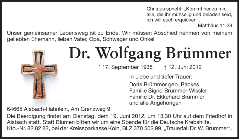  Traueranzeige für Wolfgang Brümmer vom 15.06.2012 aus Echo-Zeitungen (Gesamtausgabe)