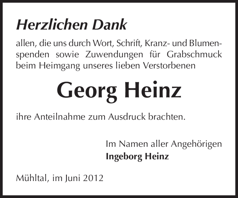  Traueranzeige für Georg Heinz vom 23.06.2012 aus Echo-Zeitungen (Gesamtausgabe)