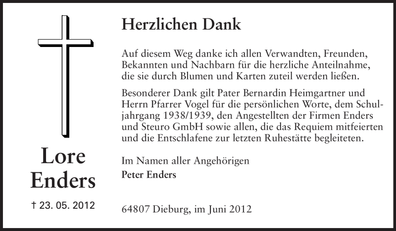 Traueranzeige für Lore Enders vom 16.06.2012 aus Echo-Zeitungen (Gesamtausgabe)