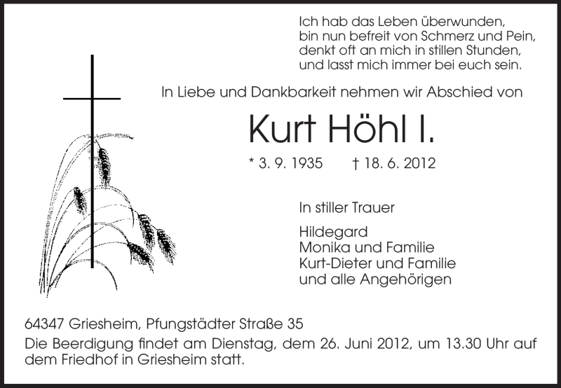  Traueranzeige für Kurt Höhl vom 23.06.2012 aus Echo-Zeitungen (Gesamtausgabe)