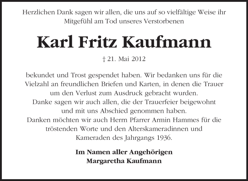  Traueranzeige für Karl Fritz Kaufmann vom 22.06.2012 aus Odenwälder Echo