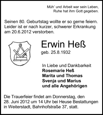 Traueranzeige von Erwin Hess von Echo-Zeitungen (Gesamtausgabe)