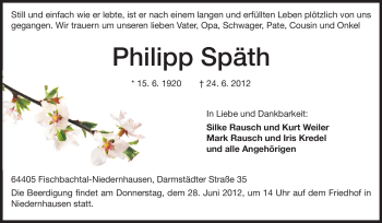 Traueranzeige von Philipp Späth von Echo-Zeitungen (Gesamtausgabe)