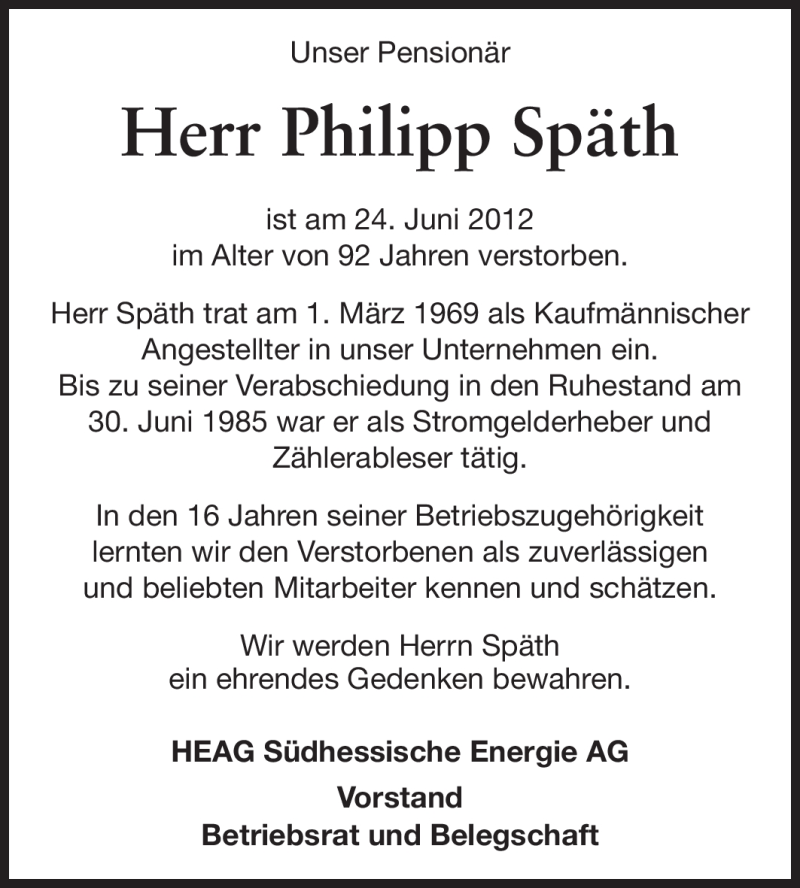  Traueranzeige für Philipp Späth vom 26.06.2012 aus Echo-Zeitungen (Gesamtausgabe)