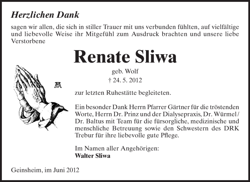  Traueranzeige für Renate Sliwa vom 28.06.2012 aus Rüsselsheimer Echo, Groß-Gerauer-Echo, Ried Echo