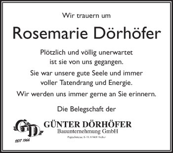 Traueranzeige von Rosemarie Dörhöfer von Rüsselsheimer Echo, Groß-Gerauer-Echo, Ried Echo