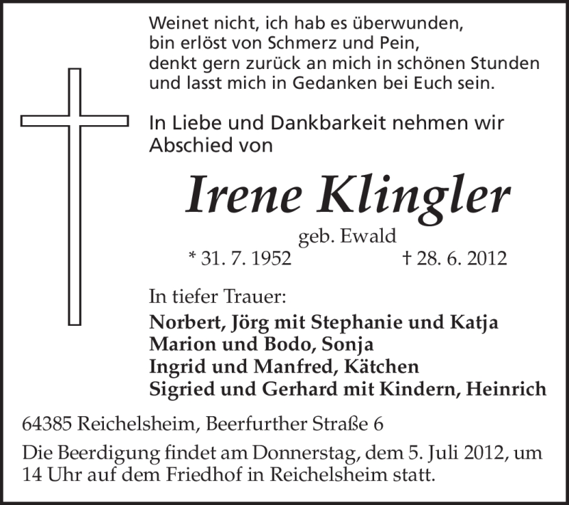 Traueranzeige für Irene Klingler vom 03.07.2012 aus Odenwälder Echo