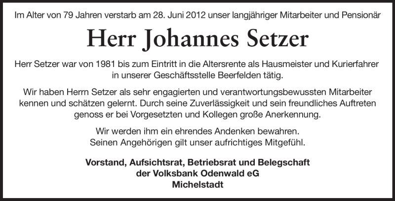  Traueranzeige für Johannes Setzer vom 05.07.2012 aus Odenwälder Echo