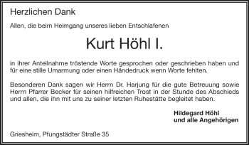 Traueranzeige von Kurt Höhl von Darmstädter Echo, Odenwälder Echo, Rüsselsheimer Echo, Groß-Gerauer-Echo, Ried Echo