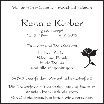 Traueranzeige von Renate Körber von Odenwälder Echo