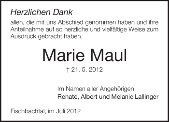 Traueranzeige von Marie Maul von Echo-Zeitungen (Gesamtausgabe)