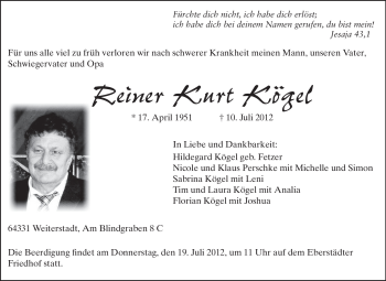 Traueranzeige von Reiner Kurt Kögel von Echo-Zeitungen (Gesamtausgabe)