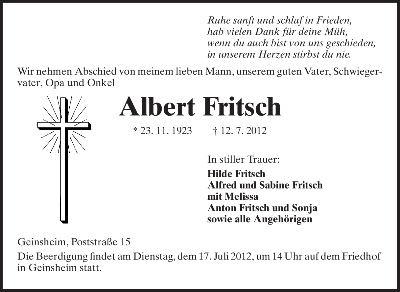  Traueranzeige für Albert Fritsch vom 16.07.2012 aus Rüsselsheimer Echo, Groß-Gerauer-Echo, Ried Echo