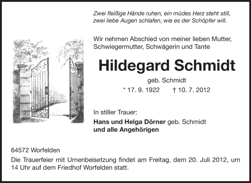  Traueranzeige für Hildegard Schmidt vom 18.07.2012 aus Rüsselsheimer Echo, Groß-Gerauer-Echo, Ried Echo