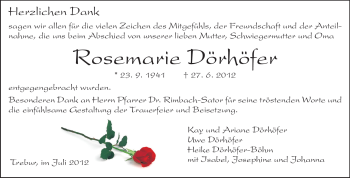 Traueranzeige von Rosemarie Dörhöfer von Rüsselsheimer Echo, Groß-Gerauer-Echo, Ried Echo