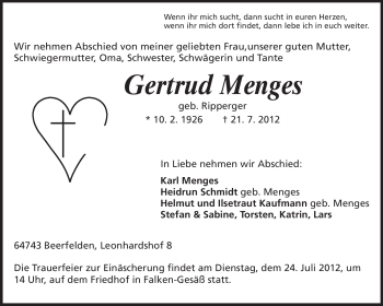 Traueranzeige von Gertrud Menges von Odenwälder Echo