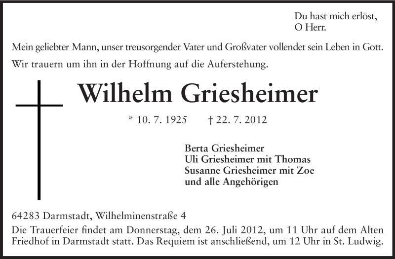  Traueranzeige für Wilhelm Griesheimer vom 25.07.2012 aus Echo-Zeitungen (Gesamtausgabe)