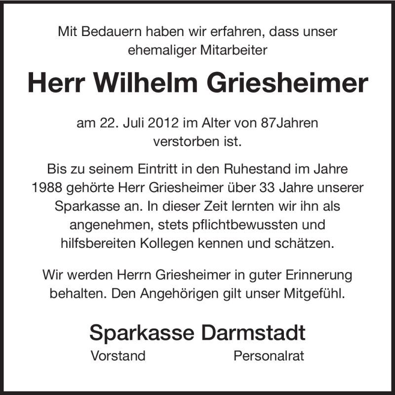  Traueranzeige für Wilhelm Griesheimer vom 26.07.2012 aus Echo-Zeitungen (Gesamtausgabe)