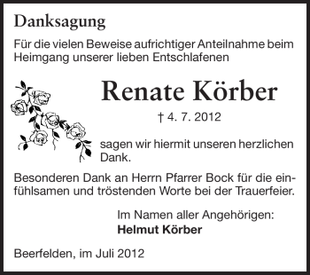 Traueranzeige von Renate Körber von Odenwälder Echo