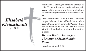 Traueranzeige von Elisabeth Kleinschmidt von Rüsselsheimer Echo, Groß-Gerauer-Echo, Ried Echo