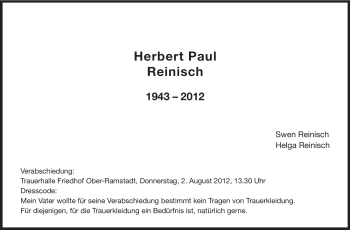 Traueranzeige von Herbert Paul Reinisch von Echo-Zeitungen (Gesamtausgabe)