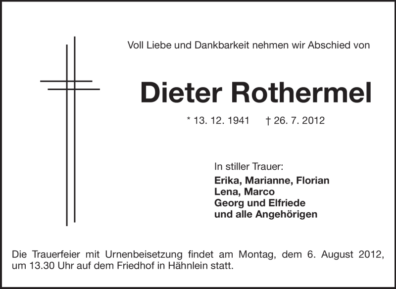  Traueranzeige für Dieter Rothermel vom 01.08.2012 aus Echo-Zeitungen (Gesamtausgabe)