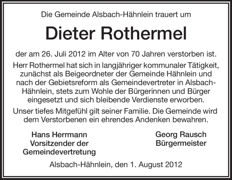  Traueranzeige für Dieter Rothermel vom 01.08.2012 aus Echo-Zeitungen (Gesamtausgabe)