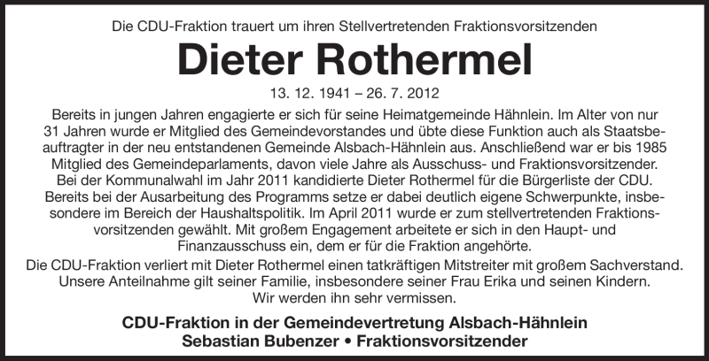  Traueranzeige für Dieter Rothermel vom 01.08.2012 aus Echo-Zeitungen (Gesamtausgabe)