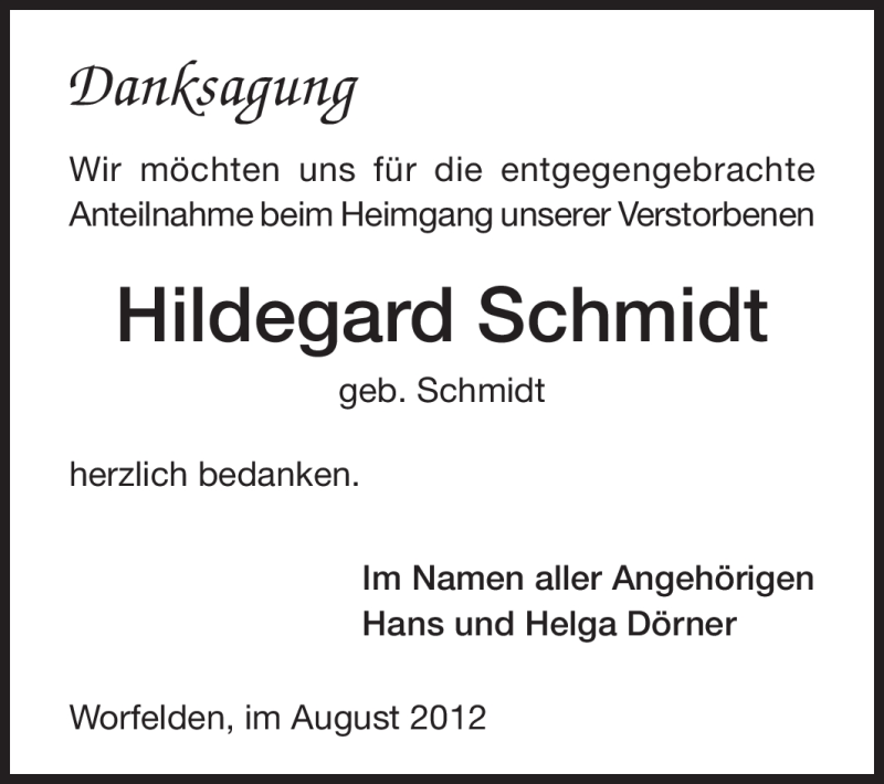  Traueranzeige für Hildegard Schmidt vom 02.08.2012 aus Rüsselsheimer Echo, Groß-Gerauer-Echo, Ried Echo