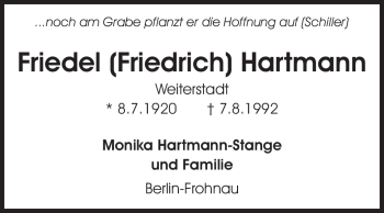 Traueranzeige von Friedrich Hartmann von Echo-Zeitungen (Gesamtausgabe)