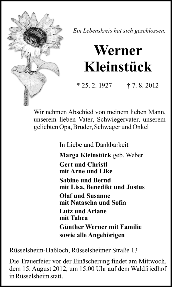  Traueranzeige für Werner Kleinstück vom 11.08.2012 aus Rüsselsheimer Echo, Groß-Gerauer-Echo, Ried Echo