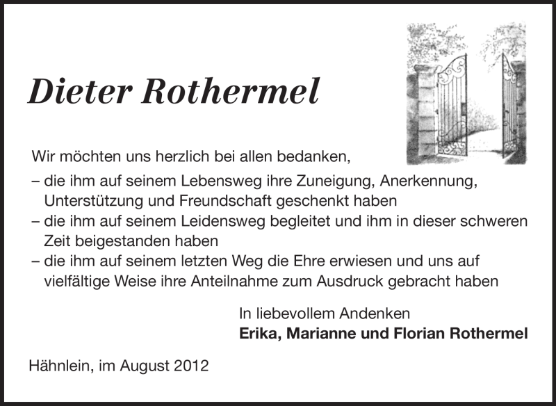  Traueranzeige für Dieter Rothermel vom 18.08.2012 aus Echo-Zeitungen (Gesamtausgabe)