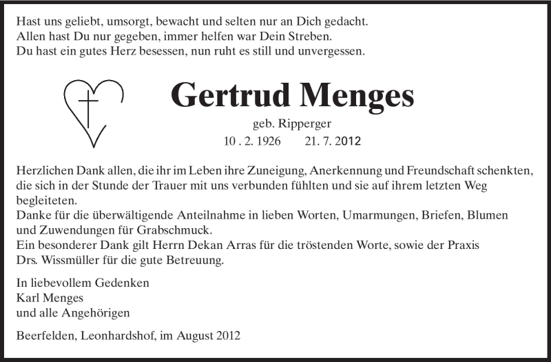  Traueranzeige für Gertrud Menges vom 15.08.2012 aus Odenwälder Echo