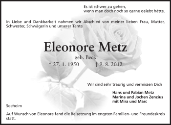 Traueranzeige von Eleonore Metz von Echo-Zeitungen (Gesamtausgabe)