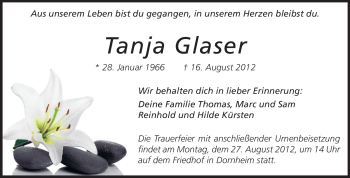Traueranzeige von Tanja Glaser von Rüsselsheimer Echo, Groß-Gerauer-Echo, Ried Echo