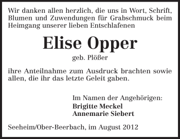 Traueranzeige von Elise Opper von Echo-Zeitungen (Gesamtausgabe)