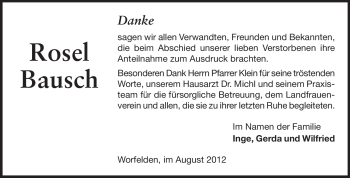 Traueranzeige von Rosel Bausch von Rüsselsheimer Echo, Groß-Gerauer-Echo, Ried Echo