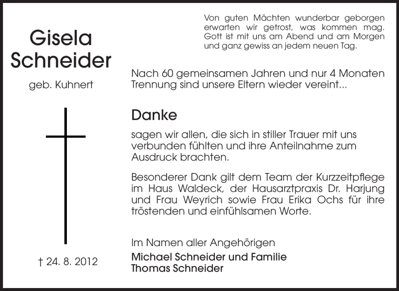  Traueranzeige für Gisela Schneider vom 08.09.2012 aus Echo-Zeitungen (Gesamtausgabe)