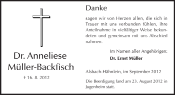 Traueranzeige von Anneliese Müller-Backfisch von Echo-Zeitungen (Gesamtausgabe)
