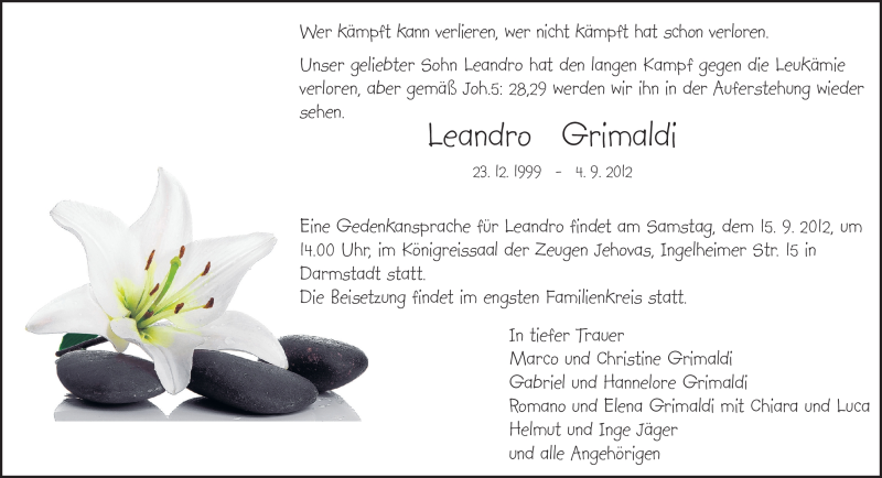  Traueranzeige für Leandro Grimaldi vom 08.09.2012 aus Echo-Zeitungen (Gesamtausgabe)