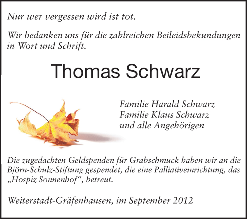  Traueranzeige für Thomas Schwarz vom 08.09.2012 aus Echo-Zeitungen (Gesamtausgabe)