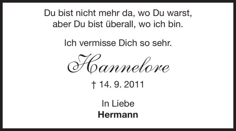  Traueranzeige für Hannelore Horn vom 14.09.2012 aus Darmstädter Echo, Odenwälder Echo, Rüsselsheimer Echo, Groß-Gerauer-Echo, Ried Echo
