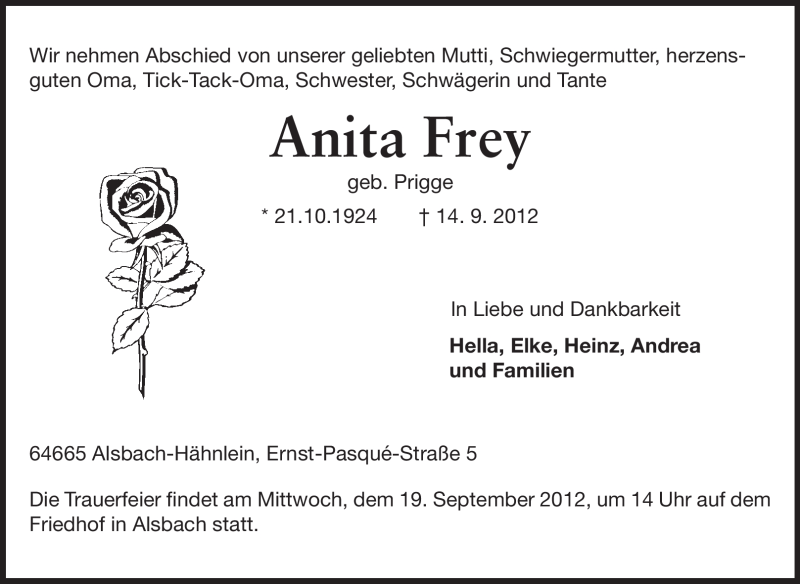  Traueranzeige für Anita Frey vom 17.09.2012 aus Echo-Zeitungen (Gesamtausgabe)