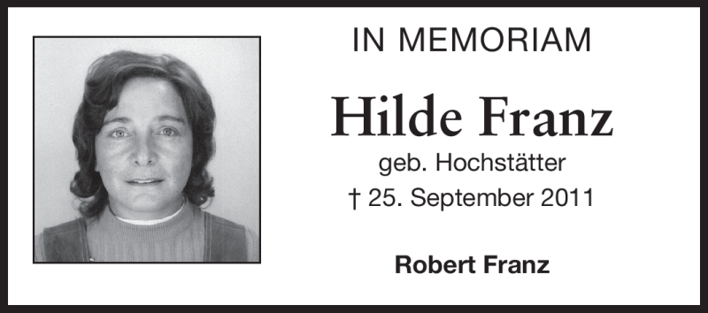  Traueranzeige für Hilde Franz vom 25.09.2012 aus Echo-Zeitungen (Gesamtausgabe)
