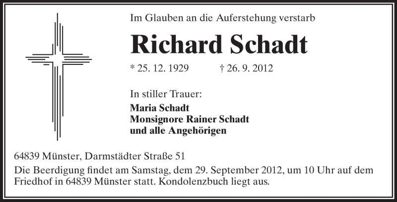  Traueranzeige für Richard Schadt vom 28.09.2012 aus Echo-Zeitungen (Gesamtausgabe)